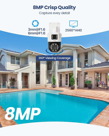 ZOSI 4K 8MP Dual-Lens Add-on PoE Security Camera Outdoor, 360° Pan Tilt IP Camera (4MP+4MP), Human Vehicle Detection, Color Night Vision, Human Tracking, Two-Way Audio, Works with Our PoE NVR Only