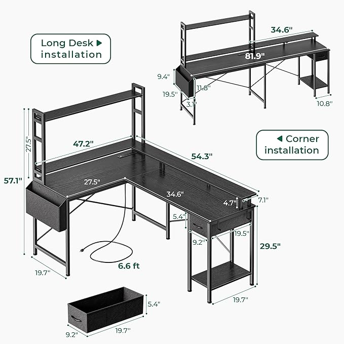 L Shaped Desk Gaming Desk with LED Lights & Power Outlets, Computer Desk with Storage Shelves, Corner Desk Home Office Desks for Bedroom, Black