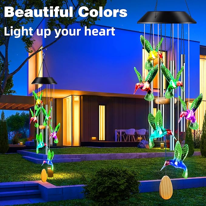 DesGully Wind Chimes,Hummingbird Solar Wind Chimes for Outside,Aluminum Tubes Memorial Wind Bell for Garden/Patio Decor Thanksgiving Gifts for Mom, Wife, Grandma Neighbors(25 Inch Deep Tone)