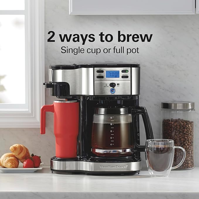 Hamilton Beach 2-Way Brewer Coffee Maker, Single-Serve and 12-Cup Pot, Black/Stainless Steel(49980A), Carafe | 12 Cup Glass Carafe | Black with Stainless Steel Accents | 49980RG