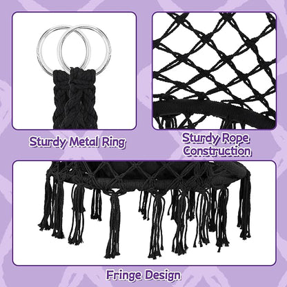 Macrame Hammock Hanging Swinging Chair with Medium Cushion, Perfect for Bedroom, Porch, Adults, Balcony, Black
