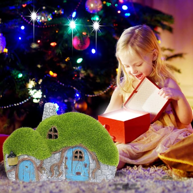 Garden Statues Outdoor Decor - Fairy House with Waterproof Solar Lights Resin Figurines for Yard Lawn Porch Outside Ornament or Garden Gift