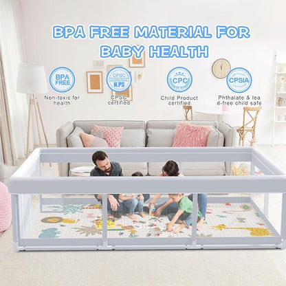 XVISHX Baby Playpen with Mat, 74 x 50 Inch Playpen for Babies and Toddlers, Baby Playard for Indoor & Outdoor Active Center Game Fence, with Skin-Friendly Fabric and Soft Breathable Mesh, Grey