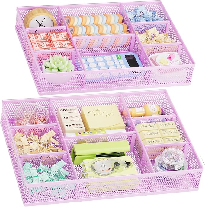 Marbrasse 2 Pack Desk Drawer Organizer, Mesh Drawer Organizer Tray with 8 Adjustable Compartments, Desk Organizers and Accessories, 5 Dividers Drawer for Office Supplies, Makeup & Vanity (Purple)