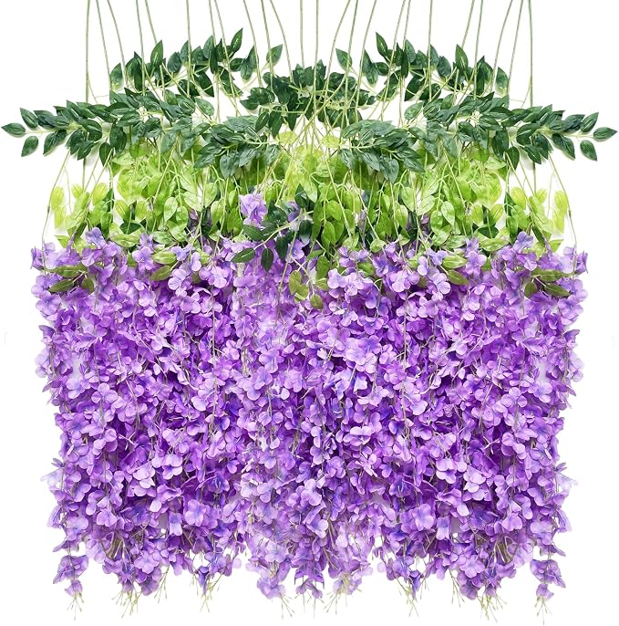Artificial Wisteria Hanging Flowers Fake Wisteria Flower Garland Silk Vines Rattan Decor for Home Wedding Arch Wall Garden Greenery Bedroom Outdoor Office Party Decoration (24, Light Purple)
