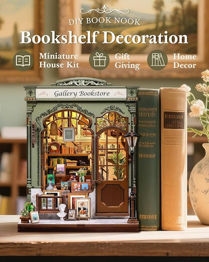 CUTEBEE Book Nook Kit - DIY Miniature House Dollhouse Kit for Adults, Booknook Library Bookstore Tiny House Bookshelf Decor 3D Wooden Puzzle, Gifts for Family and Friends (Gallery Bookstore)