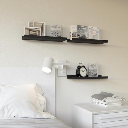 RICHER HOUSE 3-Set Floating Shelves with Lip, Black Small Wall Shelf, 16In | Display Picture Ledge Shelf, Anti-drop lip Shelf for Room Wall Decor, Bedroom Bathroom Storage Nursery Books, Easy Setup,Wood