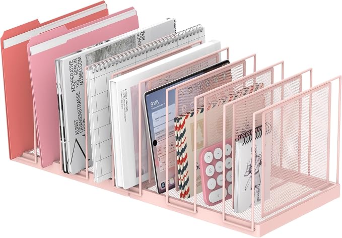 9-Section Desk File Organizer, Vertical File Holder, Mesh Desktop File Folder Metal File Organizer Stand for Office Home Classroom, Pink