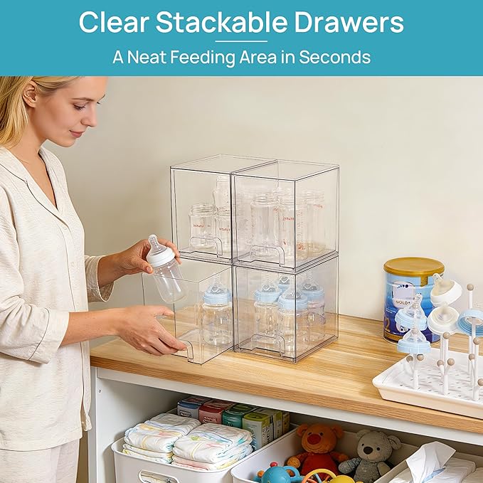 Vtopmart Clear Stackable Storage Drawers, 4 Pack Tall Plastic Organizers | Clear Pull-Out Drawers, Stackable Design for Skincare, Cosmetics, Beauty Supplies, Vanity, Bathroom, Cabinet and Countertop