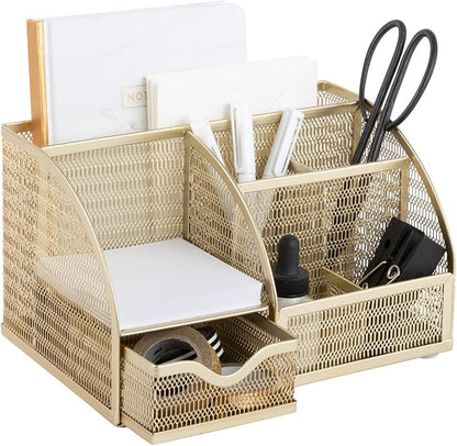 BLU MONACO | Gold Desk Organizer with Drawer | Metal Desktop Caddy with Six Compartments for Office Supplies | Stylish Desk Organizers and Accessories for Home or Office