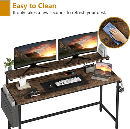 Shintenchi 55 inch Computer Desk with Monitor Stand, Stable Design Writing Desk, Study Workstation Home Office Table with Storage Bag & Hook, Vintage Brown