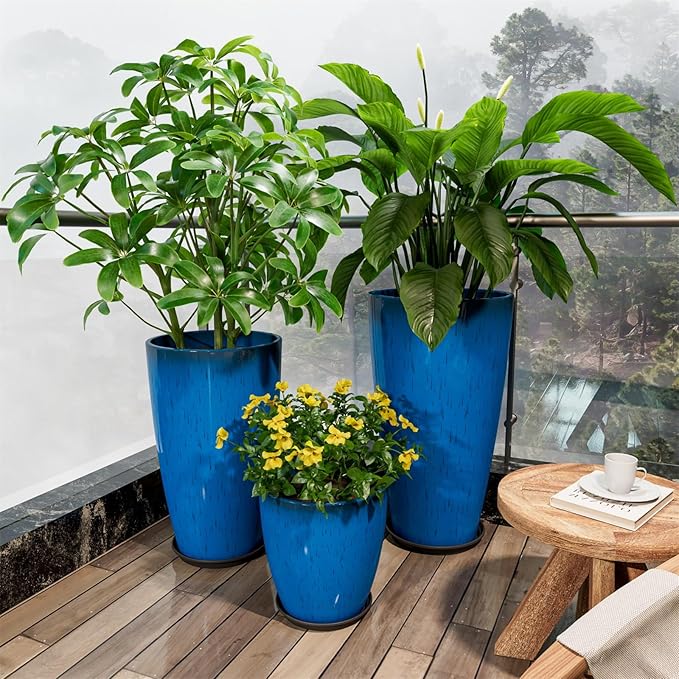 QCQHDU 24,21,11 inch Large Planters with Drainage Hole & Saucer, Set of 3 Plant Pots Tall Planter for Indoor & Outdoor Plants Home Modern Decor