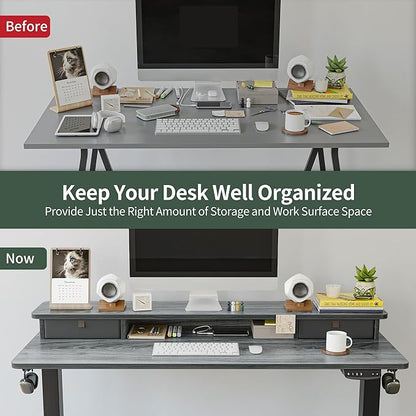 FEZIBO 55 x 24 Inch Height Adjustable Electric Standing Desk with Double Drawer, Stand Up Desk with Storage Shelf, Sit Stand Desk, Grey