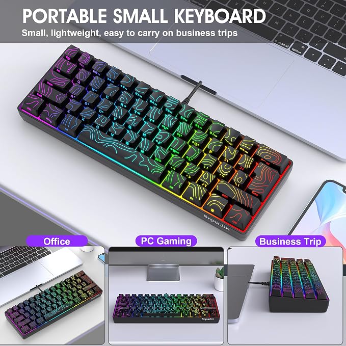 Snpurdiri 60% Wired Gaming Keyboard 61 Keys RGB (Contour Line-Black) | Backlit Small Gaming Keyboard Ultra-Compact for PC/Mac Gamer, Typist, Travel, Easy to Carry on Business Trip