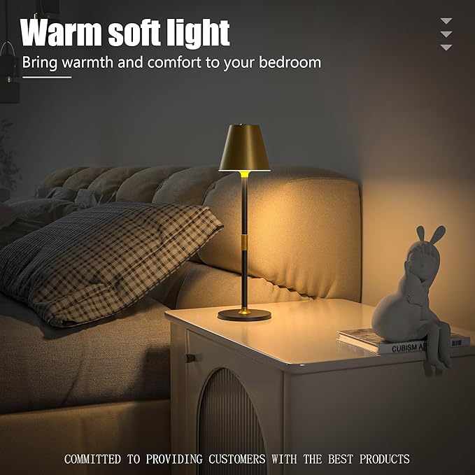 Modern LED CordlessTable Lamp,4000mAh Rechargeable Battery Desk lamp,3 Level Brightness Kitchen Light, Portable,Minimalist Design, for Couple Dinner/Coffee Table/Restaurant/Bedroom(Gold&Black 2pack)