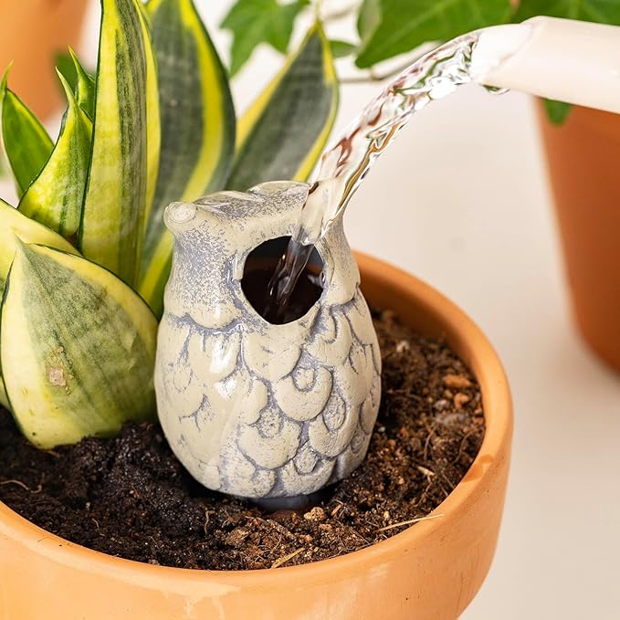 4 Pack Handmade Terracotta Owl Watering Spikes and Globes, Self-Watering Plant Devices with Slow Release System for Continuous Moisture, Perfect Water Bulbs for Indoor and Outdoor Plants Vacation Use