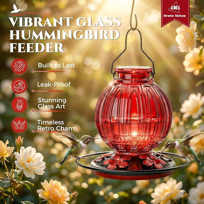 2 Pack Glass Hummingbird Feeder for Outdoors Hanging, Bird Nectar Feeder with Perch & 5 Flower Feeding Ports, 26 Oz Leak Proof for Outside Garden Decor Backyard, Gifts for Women Mom, Red + Purple Red