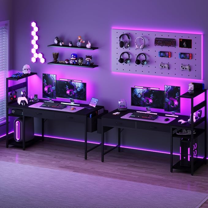48 Inch Small Gaming Desk with Drawers & Led Lights & Storage Bag, Black | Reversible Storage Shelf, Power Outlets, Wood Grain Gaming Table, Compact Computer Desk for Small Space, Bedroom, Home Office