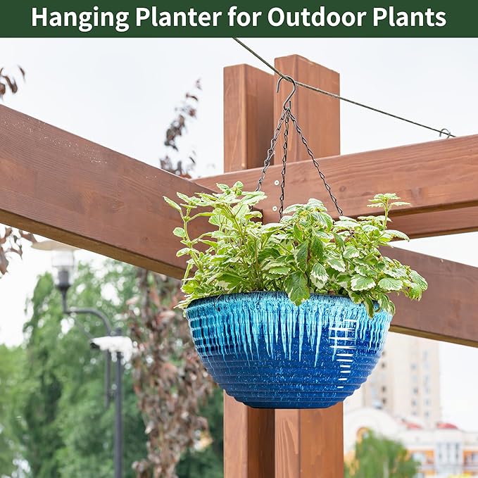 12 inch Large Hanging Planters for Indoor Outdoor Plants, Set of 2 Glazed Hanging Flower Pots with Drainage Hole, Hanging Baskets for Garden Home Porch Decor