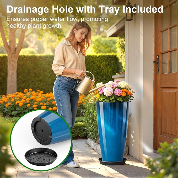 QCQHDU 21 inch Tall Planters for Outdoor & Indoor Plants, Set of 2 Large Outdoor Planters with Drainage Hole for Front Porch, Patio, Garden, Home Decor, Blue