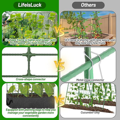 U-Shape Cucumber Trellis with Fabric Raised Garden Bed 65x50 Inch Metal Garden Arch Trellis with Net, Climbing Plants Vegetables Heavy-Duty Outdoor Plant Support for Pea, Grape, Squash, Tomatoes