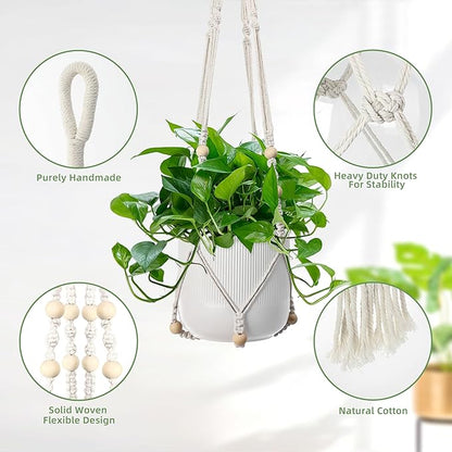 3 PCS Macrame Plant Hanger Indoor Hanging Planter Basket with Wood Beads Plants Holder Decorative Flower Pot Holder (POTS NOT Included) (Ivory White)