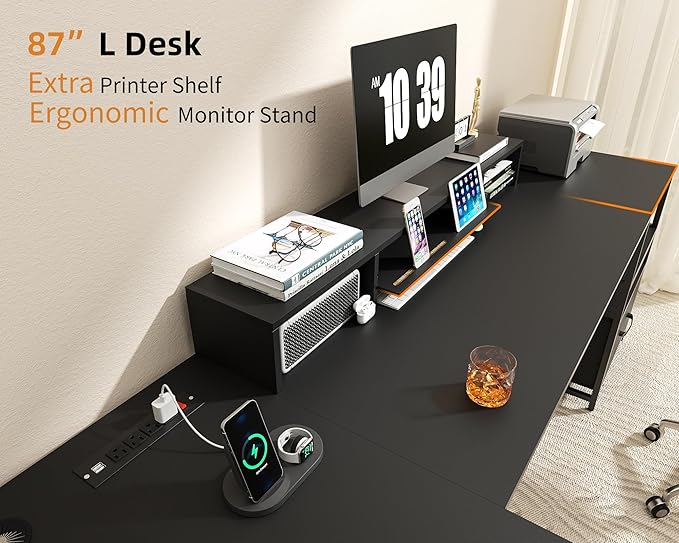 L Shaped Desk - 87" L Shaped Gaming Desk with Power Outlet & Monitor Shelf, Home Office Corner Computer Desk with Printer Shelf & File Drawer, Black