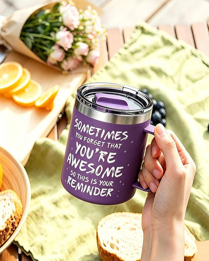 Inspirational Coffee Mug for Women, 12oz Insulated Stainless Steel Mug with Handle & 2 Lids – Sometimes You Forget You’re Awesome, Birthday & Appreciation Gift for Friend, Coworker, Purple