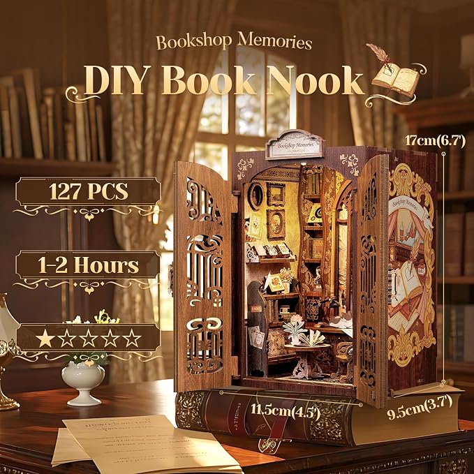 CUTEBEE DIY Book Nook Kit, Miniature House Kits for Adult and Teens, DIY Miniature Book Nook kit with Sensor Led Light, Gifts for Lovers and Family (Bookshop Memories)