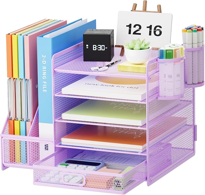 Marbrasse Desk Organizer with File Holder, 5-Tier Paper Letter Tray Organizer with Drawer and 2 Pen Holder, Mesh Desktop Organizer and Storage with Magazine Holder for Office Supplies(Purple)