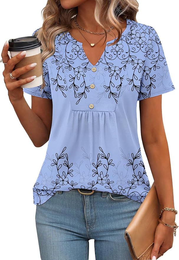 Zeagoo Womens Short Sleeve Tops Summer Henley V-Neck Tshirts Casual Pleated Blouse Dressy Loose Floral Basic Tee