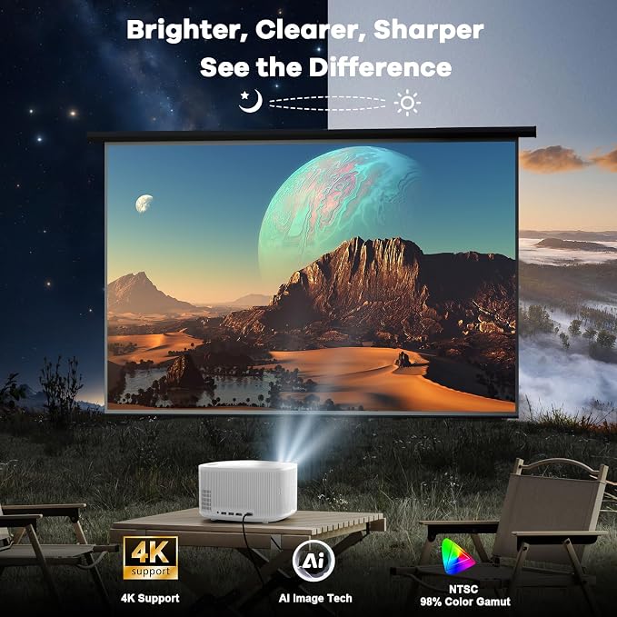 Outdoor-Projector-4K with WiFi and Bluetooth:[3500 Bright/60W Dolby Audio/Official Licensed Apps],Smart-Projector with AI Auto Focus, ONOAYO ONO5Pro 2.0 Movie Projector for Indoor/Outdoor 2026(White)