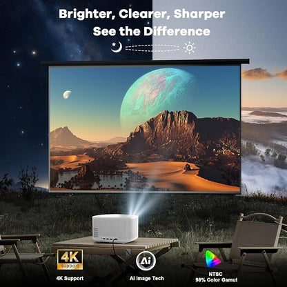 Outdoor-Projector-4K with WiFi and Bluetooth:[3500 Bright/60W Dolby Audio/Official Licensed Apps],Smart-Projector with AI Auto Focus, ONOAYO ONO5Pro 2.0 Movie Projector for Indoor/Outdoor 2026(White)