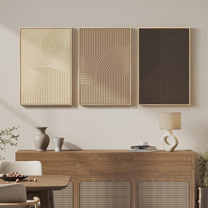 Large 3D Textured Framed Boho Neutral Wall Art for Living Room, 3 Piece Modern Minimalist Texture Paintings Artwork for Walls, Brown Beige Tan Geometric Pictures for Hallway Office Wall Decor 20x30 In