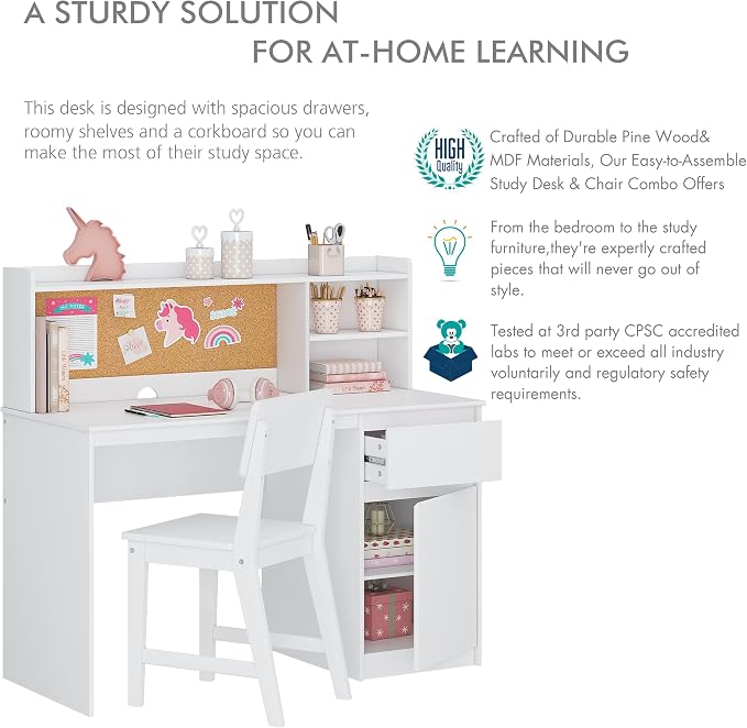 UTEX Wooden Kids Desk and Chair Set with Hutch and Storage for Ages 5-12 | Kids Study Table with Cork Bulletin Board, School Desk, Multi-Zone Storage, Water-based Paint Finish for Study Room