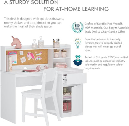 UTEX Wooden Kids Desk and Chair Set with Hutch and Storage for Ages 5-12 | Kids Study Table with Cork Bulletin Board, School Desk, Multi-Zone Storage, Water-based Paint Finish for Study Room