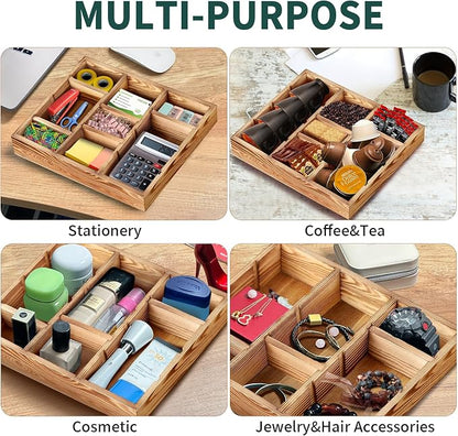Wooden Desk Drawer Organizer | 9-Slot Desktop Tray | Adjustable Drawer Storage Box for Pens, Keys, Watch, Sticky Notes | Farmhouse Home&Office Decor