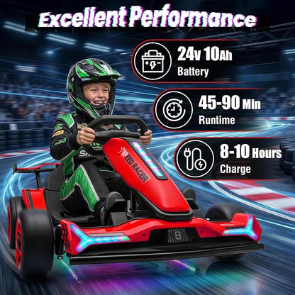 24V Electric Go Kart, Kids Drift Kart with Dual 400W Motors, Length Adjustable Seat, 8.2 MPH Max, 130LBS Max Load, Outdoor Ride on Toy Crazy Kart w/Bluetooth Music, Rainbow Light
