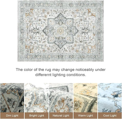 Lofus 5x7 Washable Rugs Non-Slip, Vintage Floral Area Rug for Living Room Bedroom Dining Room Kitchen, Low Pile Distress Print Carpet Home Decor Rug, Octagram Medallion Grey Beige