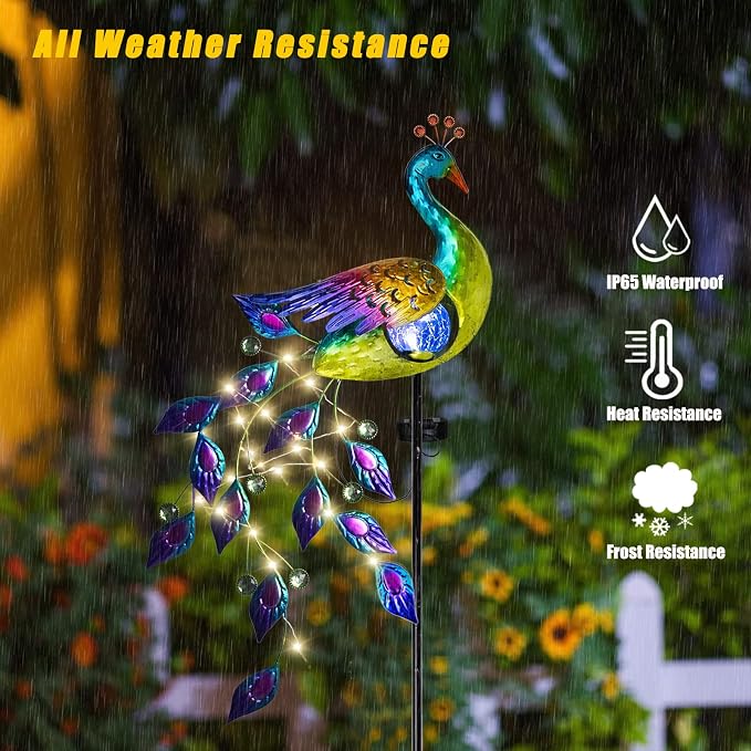 DREAMSOUL Solar Garden Lights Outdoor, Metal Peacock Decor Solar Lights Garden Stakes with Led String Lights, Waterproof Crackle Glass Ball Landscape Path Light for Lawn Patio