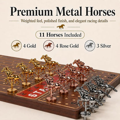 Jyquorp Horse Race Board Game Wooden Kentucky Derby Party Game Set with 11 Metal Horses, 2 Dice & 2 Card Decks, Large Solid Wood Horse Racing Board Game for Family & Adults (15.6" x 10")