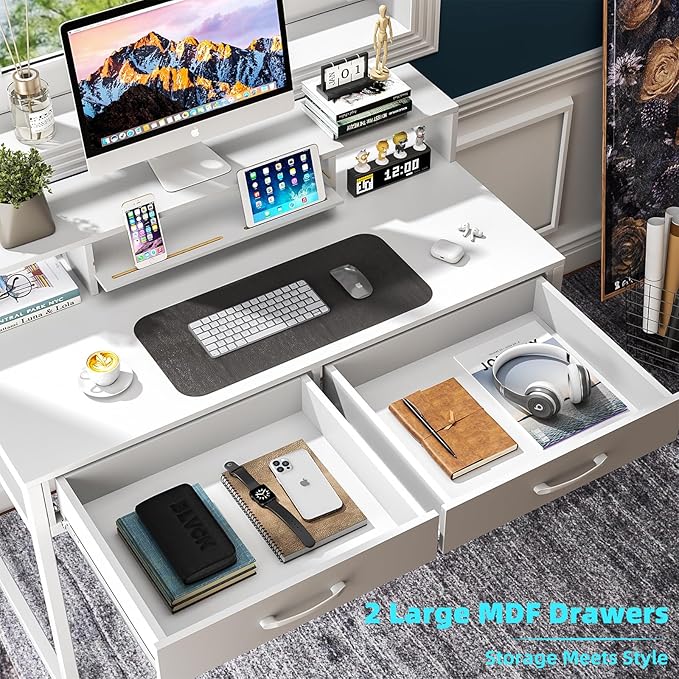 Computer Desk with Drawers, 47" Home Office Desk with Monitor Shelf, Writing Desk with Storage, Gaming Desk Work Desk Study Desk for Bedroom, White
