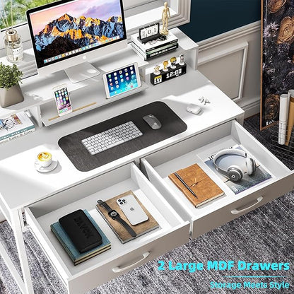Computer Desk with Drawers, 47" Home Office Desk with Monitor Shelf, Writing Desk with Storage, Gaming Desk Work Desk Study Desk for Bedroom, White