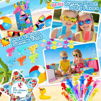 Pool Party Favors and Beach Party Favors 168pcs Summer Party Toys for Kids,Including Beach Balls, Sunglasses, Bubble Wands Party Supplies for Summer Birthday Ages 4-8 8-12
