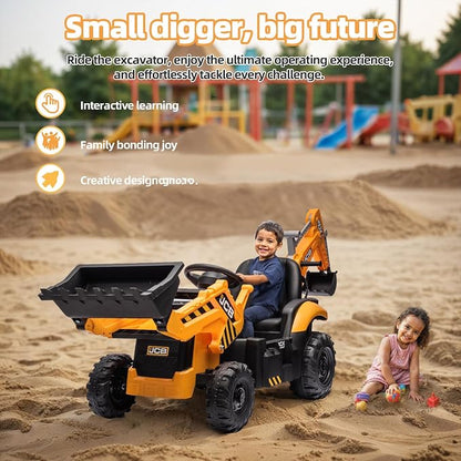 24V JCB Ride On Excavator for Kids, 3-in-1 Ride On Backhoe Digger with Front Loader & Rear Arm, Remote Control, Slow Start/Stop, Adjustable Speeds, Electric Construction Vehicle Toy for Ages 3–8