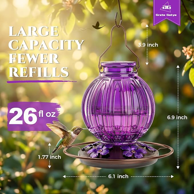 Glass Hummingbird Feeder for Outdoors Hanging, Bird Nectar Feeder with Perch & 5 Flower Feeding Ports, 26 Oz Leak Proof for Outside Garden Decor Backyard, Gifts for Women Mom, Purple