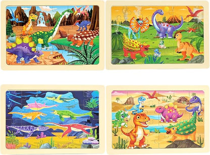 Wooden Puzzles Dinosaur Toys for Kids Ages 3-5, Set of 4 Packs with 24-Piece Wood Jigsaw Puzzles, Preschool Educational Brain Teaser Boards for Boys and Girls 3 4 5 6 Years Old