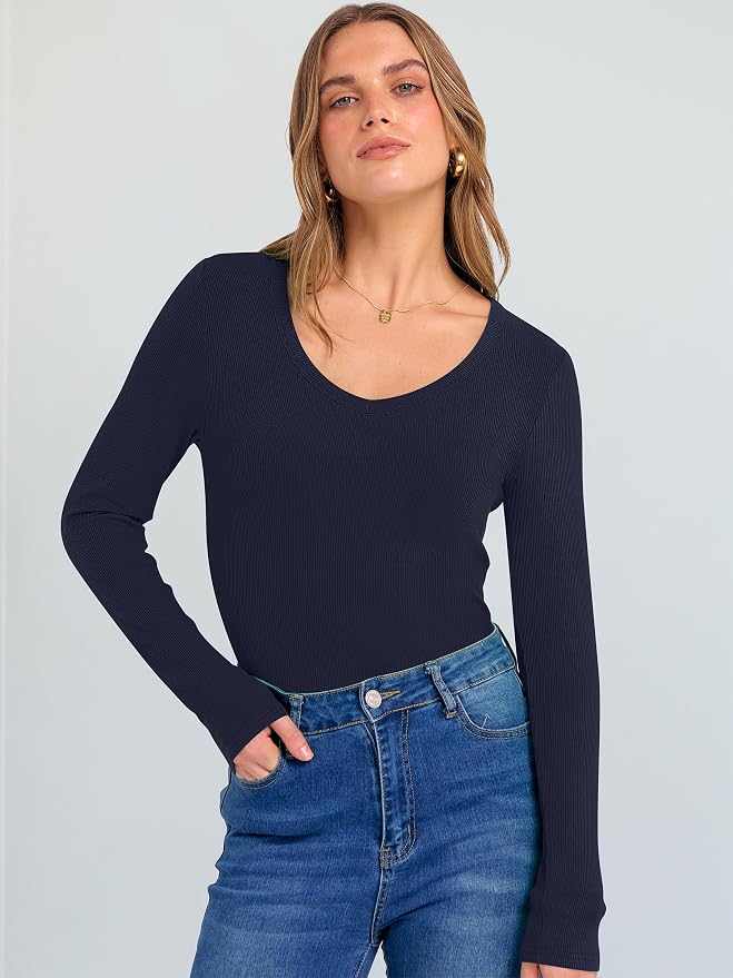 ANRABESS Long Sleeve V Neck Shirts for Women | Soft Comfy Ribbed Knit Fitted Tshirts, Casual Going Out Tops, 2026 Trendy Basic, Fall Winter Underscrub Layering Clothes