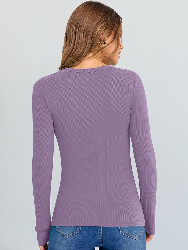 ANRABESS Long Sleeve V Neck Shirts for Women | Soft Comfy Ribbed Knit Fitted Tshirts, Casual Going Out Tops, 2026 Trendy Basic, Fall Winter Underscrub Layering Clothes