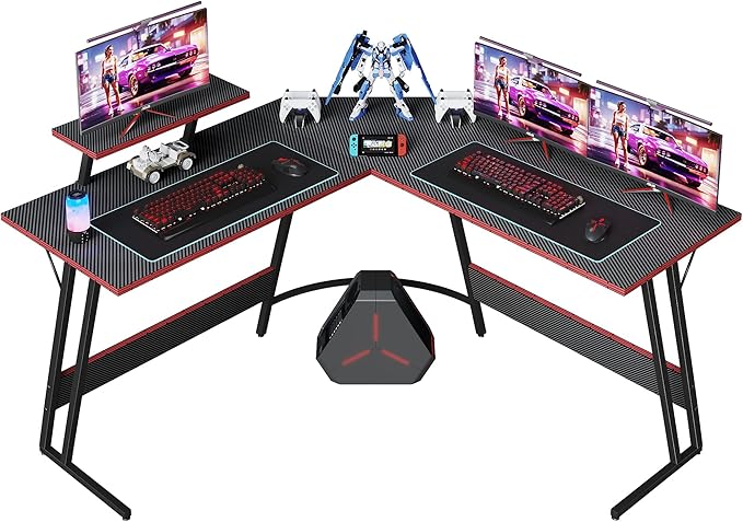 L Shaped Gaming Desk, 51 Inch Computer Corner Table with Large Monitor Stand & Carbon Fiber Surface for Home Office Study Writing Workstation, Black, Black1